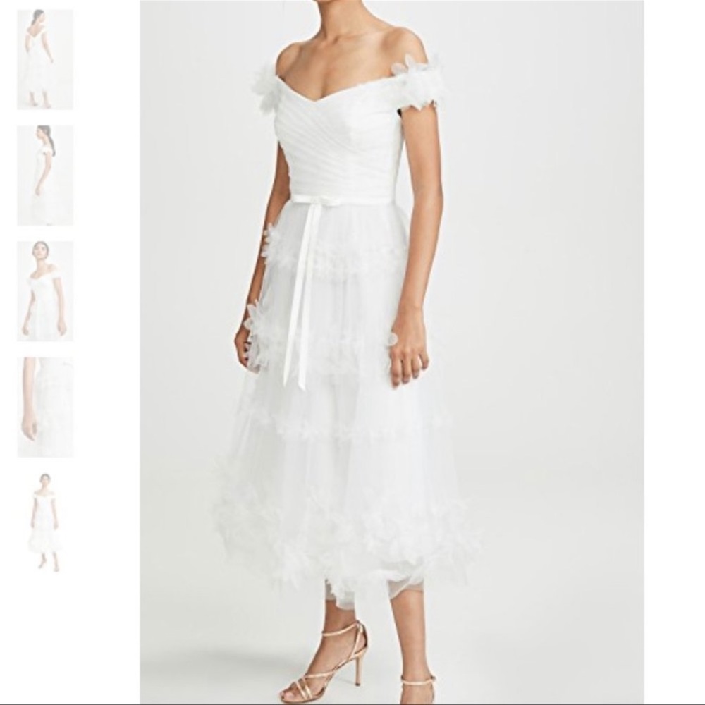 Marchesa Notte off the shoulder 3D Floral stripe tulle tea length gown